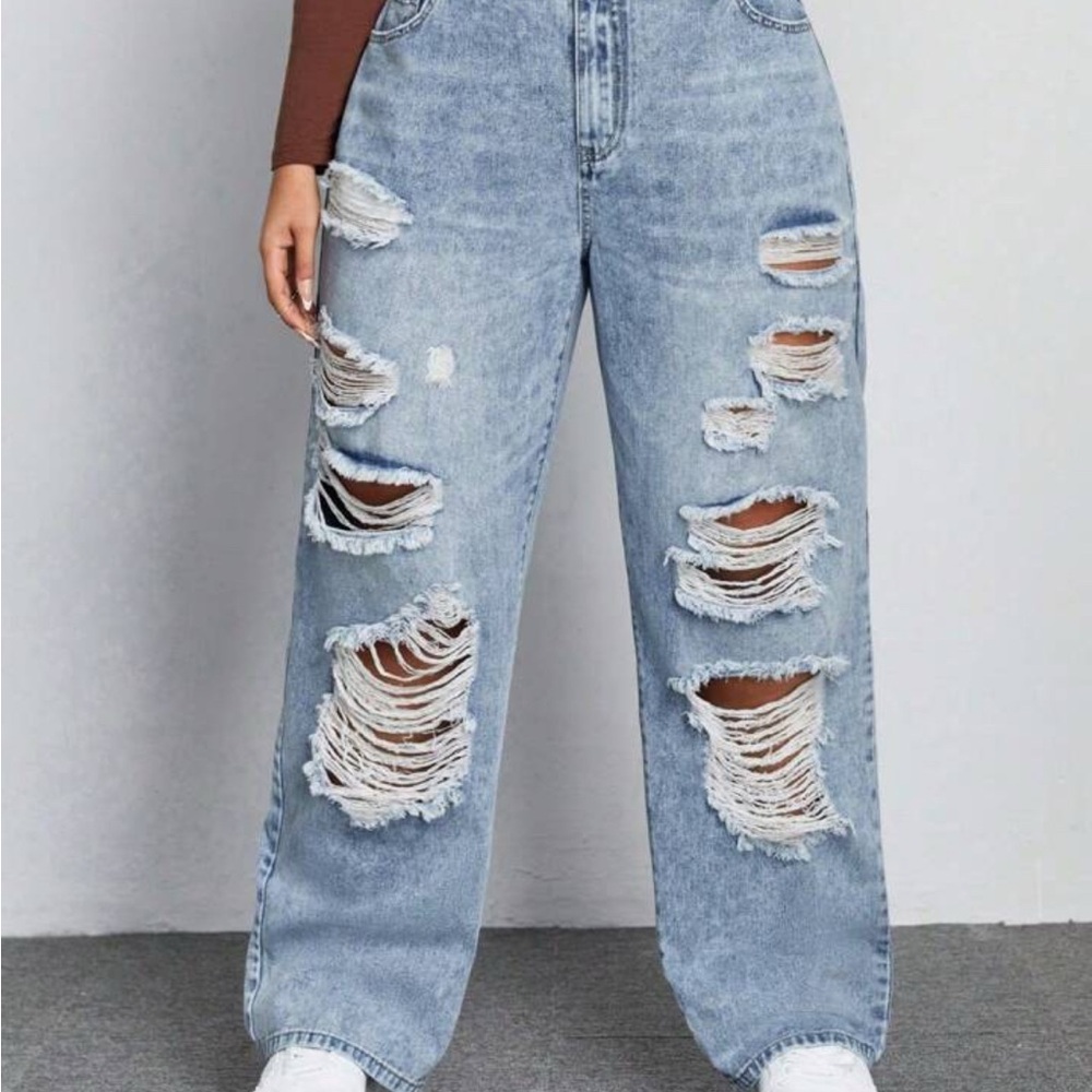 SHEIN Blue Flare Wide Leg Jeans with Distressed Details